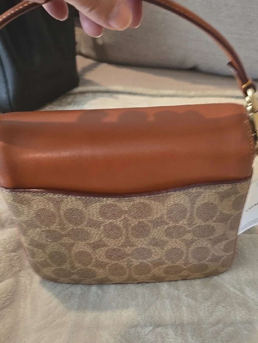 Coach Tan Leather & Signature Canvas Shoulder Bag with Gold Hardware